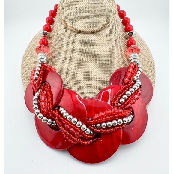Bold Red Beaded Statement Necklace – Silver Accents & Oversized Disc Chunky - Picture 1 of 10